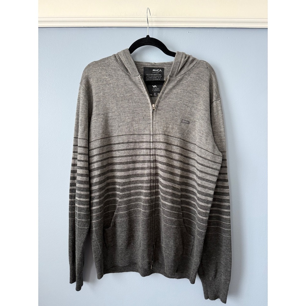RVCA Men's Gray Two Tone Striped Zip Up Hooded Sweater Medium Wool Blend Size XL